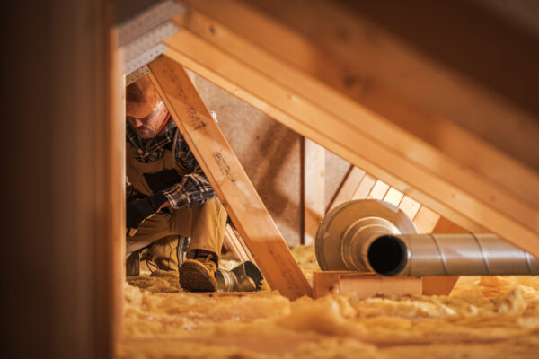 Air Ventilation Installer Working in Attic. Air Quality Heating and Cooling System Building by Professional Technician.